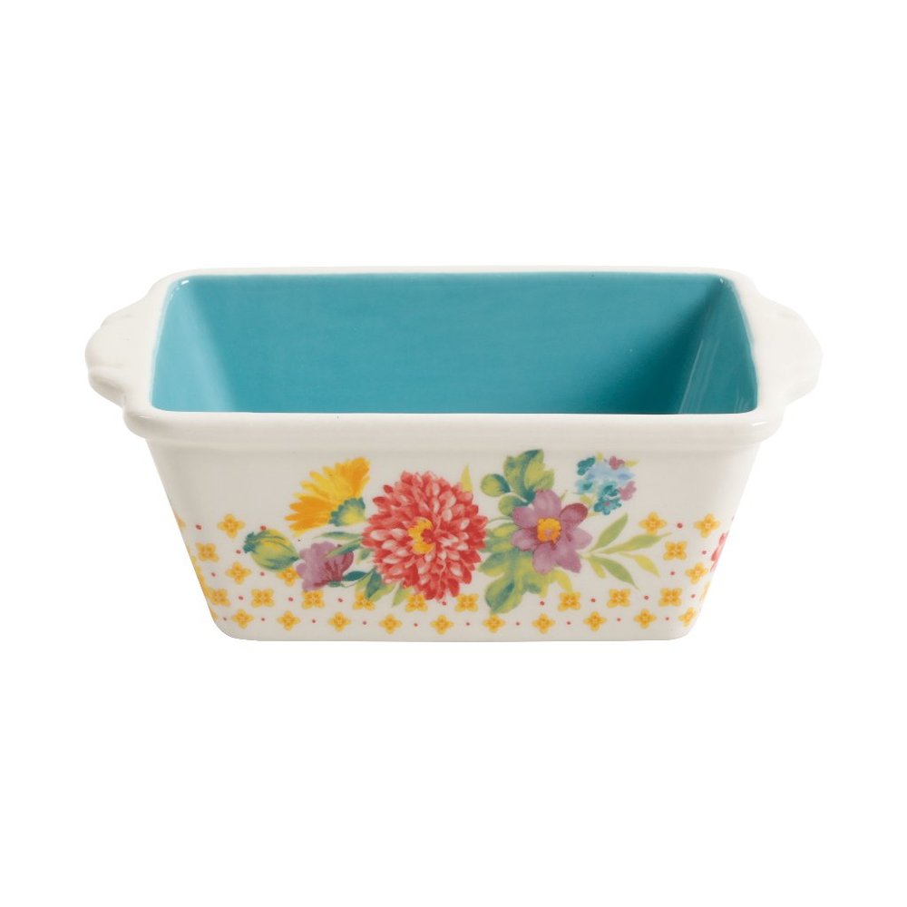 Pioneer Woman Mini Ceramic Loaf Pan Floral Blooming Bouquet Green White 5.5" New